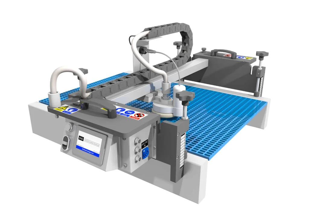 3D render of a Jet System modular conveyor belt cleaner showing a rotating dry steam cleaning head travelling across a modular plastic conveyor belt.